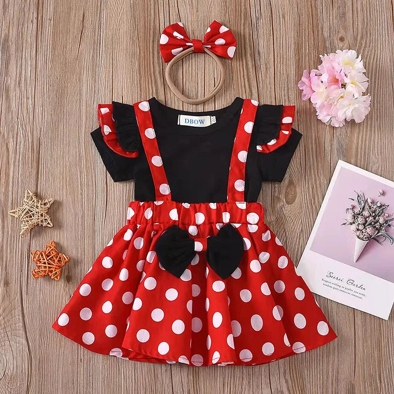 Girls' 3-Piece Summer Set – Tee, Polka Dot Skirt & Bow Headband