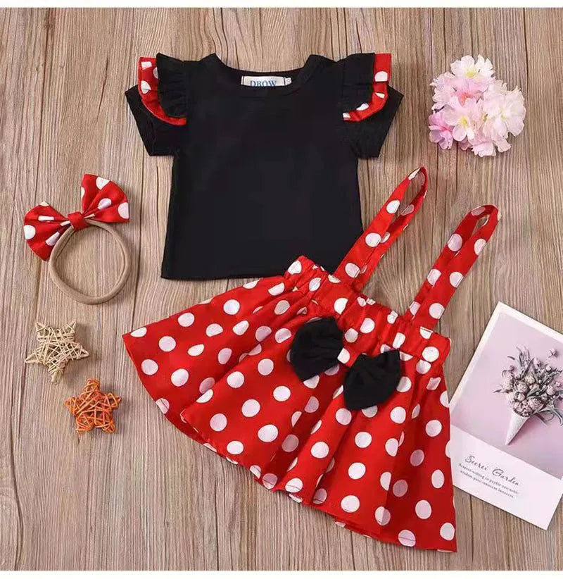 Girls' 3-Piece Summer Set – Tee, Polka Dot Skirt & Bow Headband